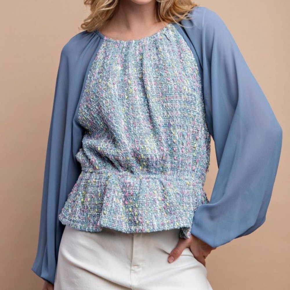 Tweed and Chiffon Peplum Top Peasant Sleeves Back Keyhole Lined Slate Blue